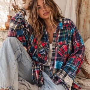 Free People We The Free Lost in Plaid Patchwork Flannel Shirt – Medium